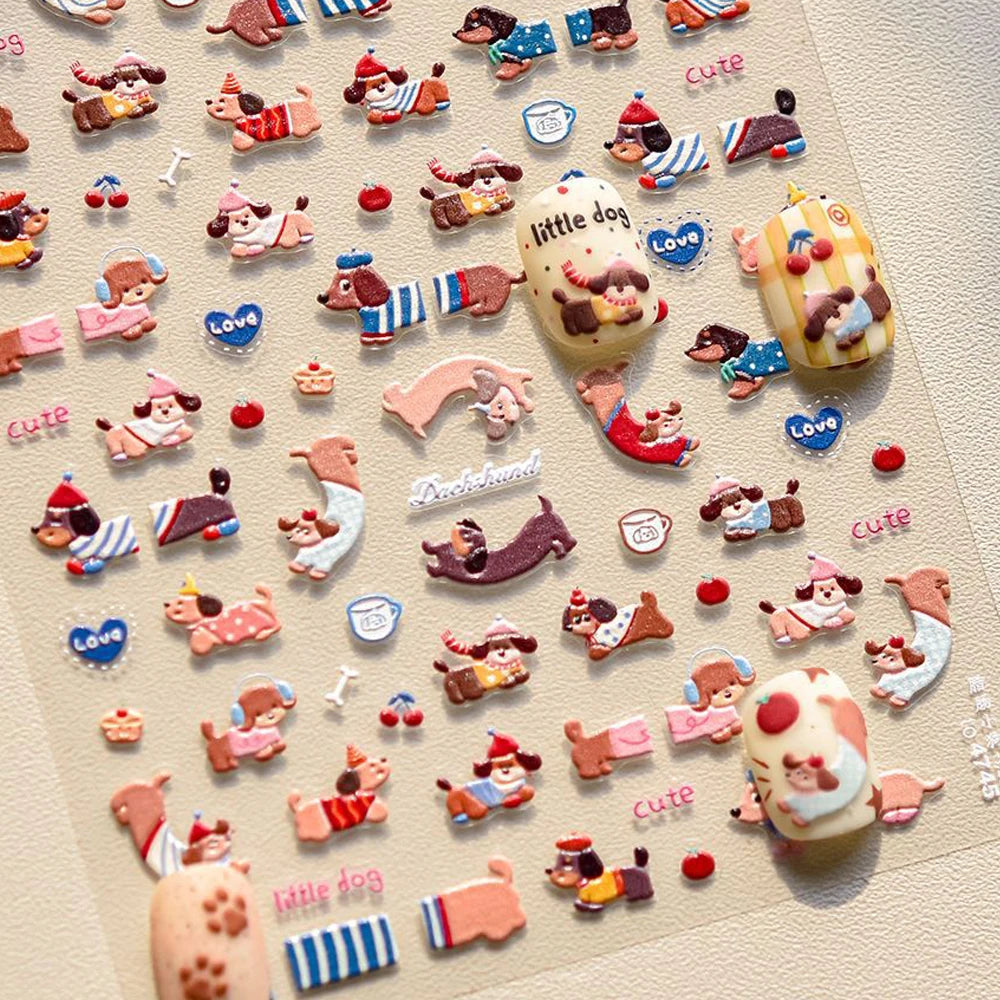 Sweet Puppy Cartoon Nail Decals Dachshund Love Hearts Fruits Apple Cherry Bones 5D Nail Art Sticker Self Adhesive Manicure Decal
