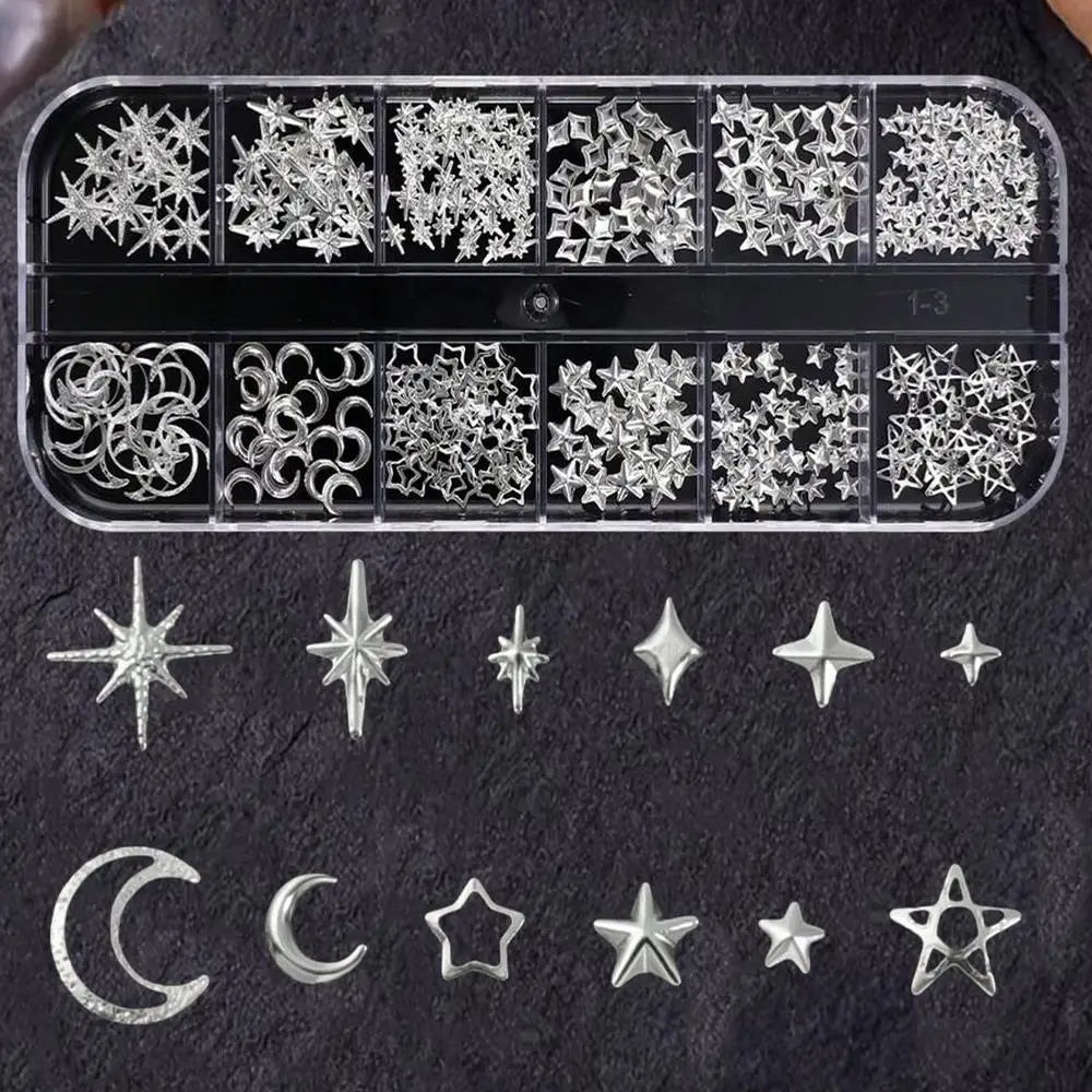 12Grids 3D Silver Heart Bow Butterfly Nail Charms Y2K Metallic Star Moon Nail Rivet Studs DIYValentine's Day Manicure Decoration