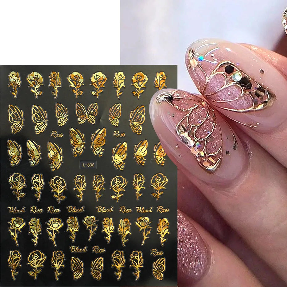 6pcs Metallic Gold Nail Stickers with Bronzing Butterfly Rose Abstract Flame Stripes Adhesive Decals for Spring Nail Art Decor