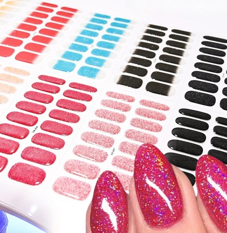 16 Tips Rose Pink Glossy Semi-Cured Nail Stickers Glitter Long-Lasting UV Gel Nail Foils Full Cover LED Extension Gel Nail Foils