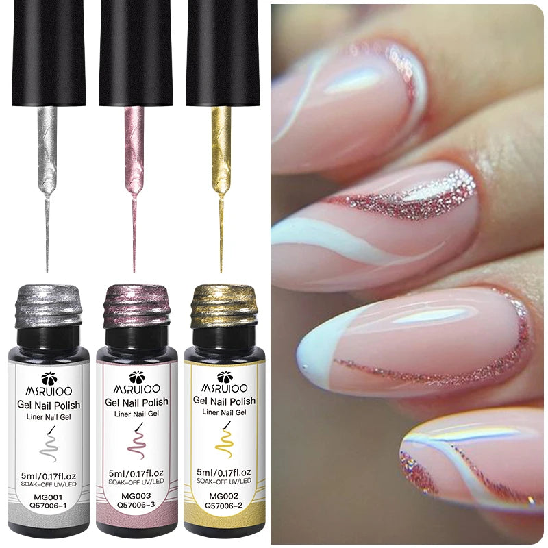 5ml Metallic Painting Liner Gel Nail Polish Set Gold Silver Pink Semi-Permanent Line UV Gel Varnish For Drawing French Nails
