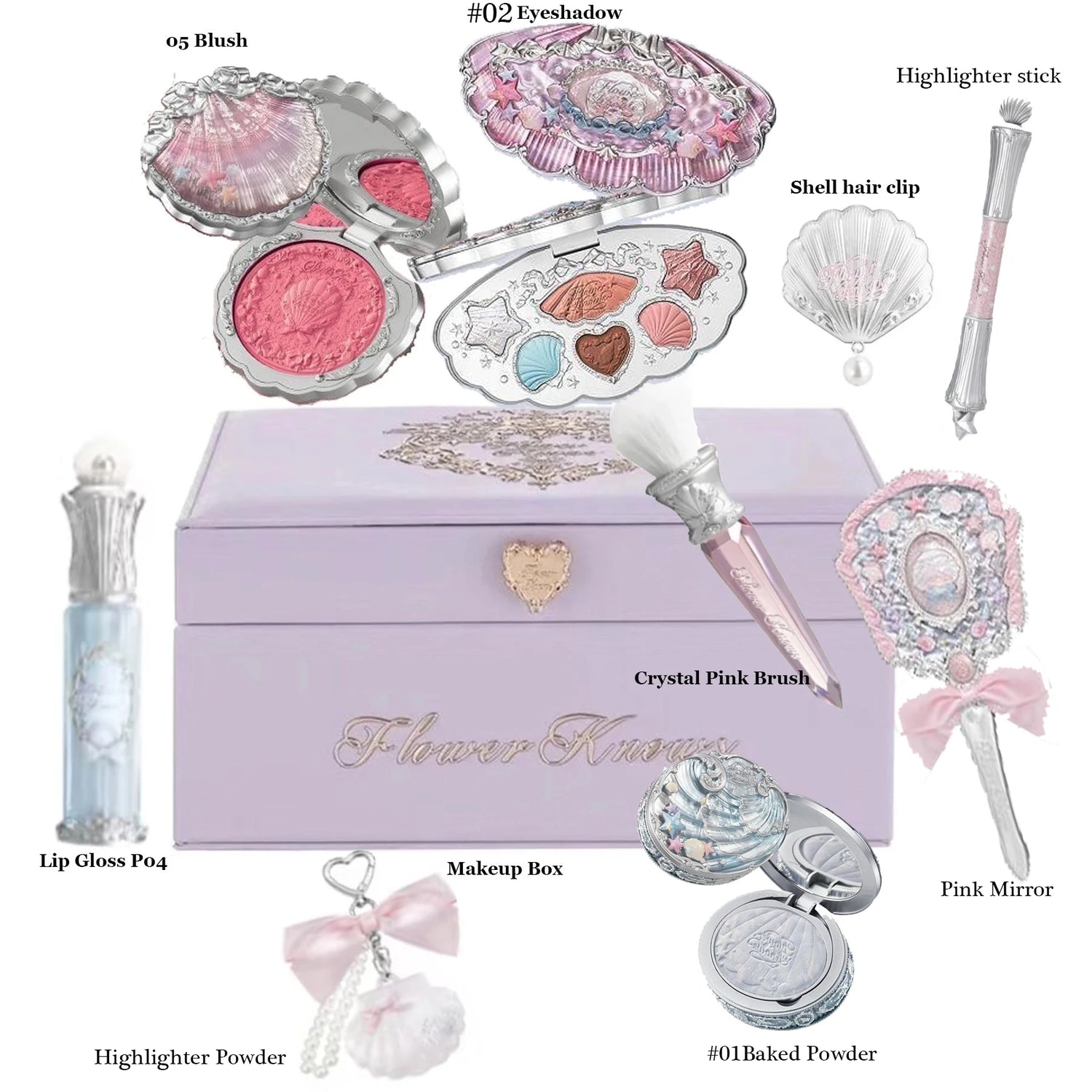 Flowerknows Shell Jewelry Gift Set Makeup Kit Full Professional Lip Gloss Highlighter Blush Baked Powder 10pcs Kits