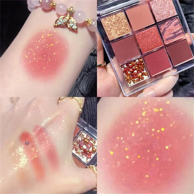Summer 9 color eyeshadow palette: Orange brown, pink and gold, matte shimmer effect, lasting makeup, keep glitter rose Eyeshadow