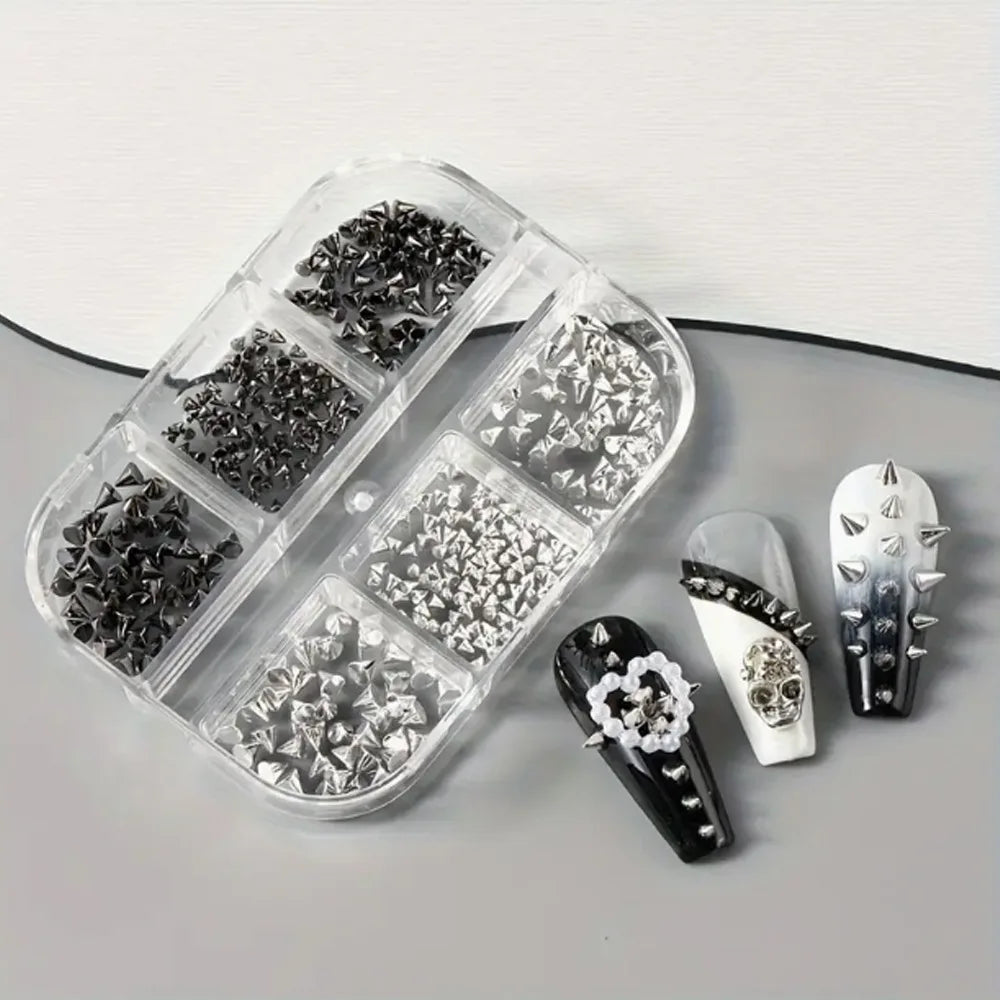 6 Grids Multi-Size Silver Black 3D Cone Spike Nail Charms Punk Gothic Rivet Studs Nail Art Decoration Accessories