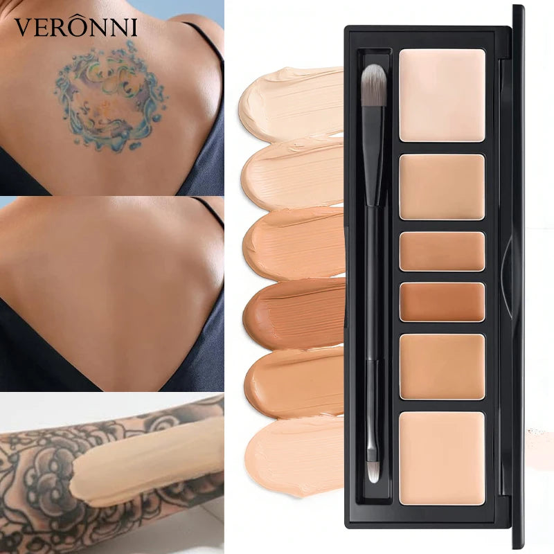 6 Colors Concealer Palette with Brush, Full Coverage Tattoo Cover Up Cream, Contour Correcting Foundation Makeup for Dark Circle