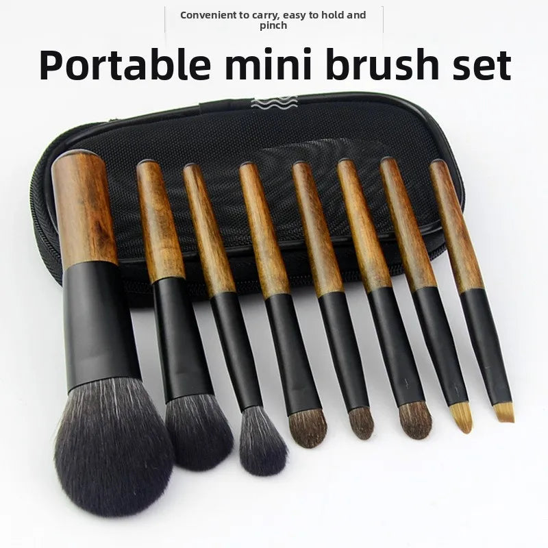 8Pcs Mini Travel Makeup Brush Set with Pouch Wooden Handle Cosmetic Brush for Face Powder Blush Highlighter Concealer Eyeshadow