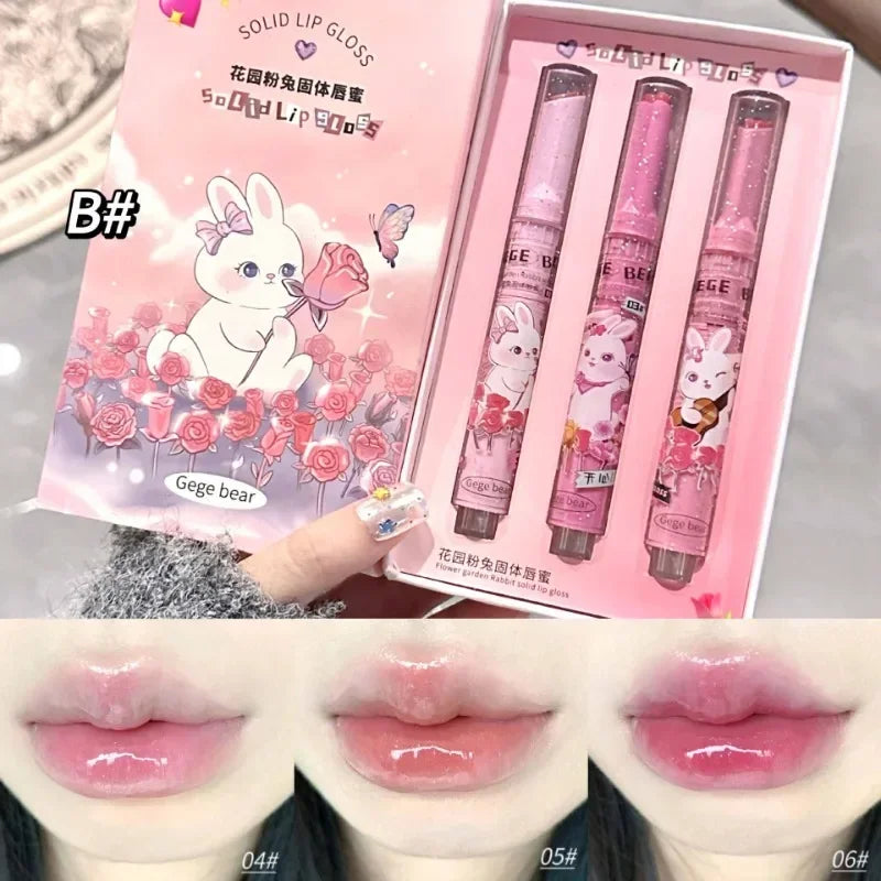 Glitter Clear Solid Lip Gloss Pink Mirror Lipstick Pen Watery Jelly Moisturizing Lip Tint Love Heart Shape 3pcs/set Lipgloss Set