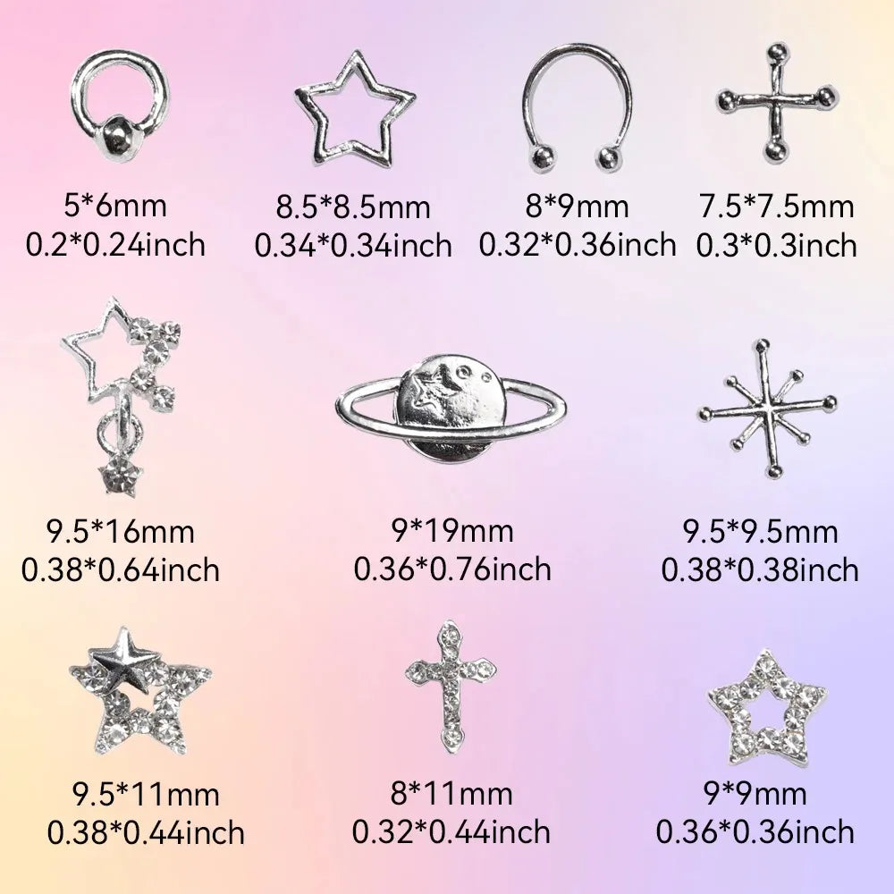 110PCS Star Nail Charms for Acrylic Nails,Silver Star Planet Cross Alloy Nail Art Decoration, Nail Stones Nail Jewels Accessorie