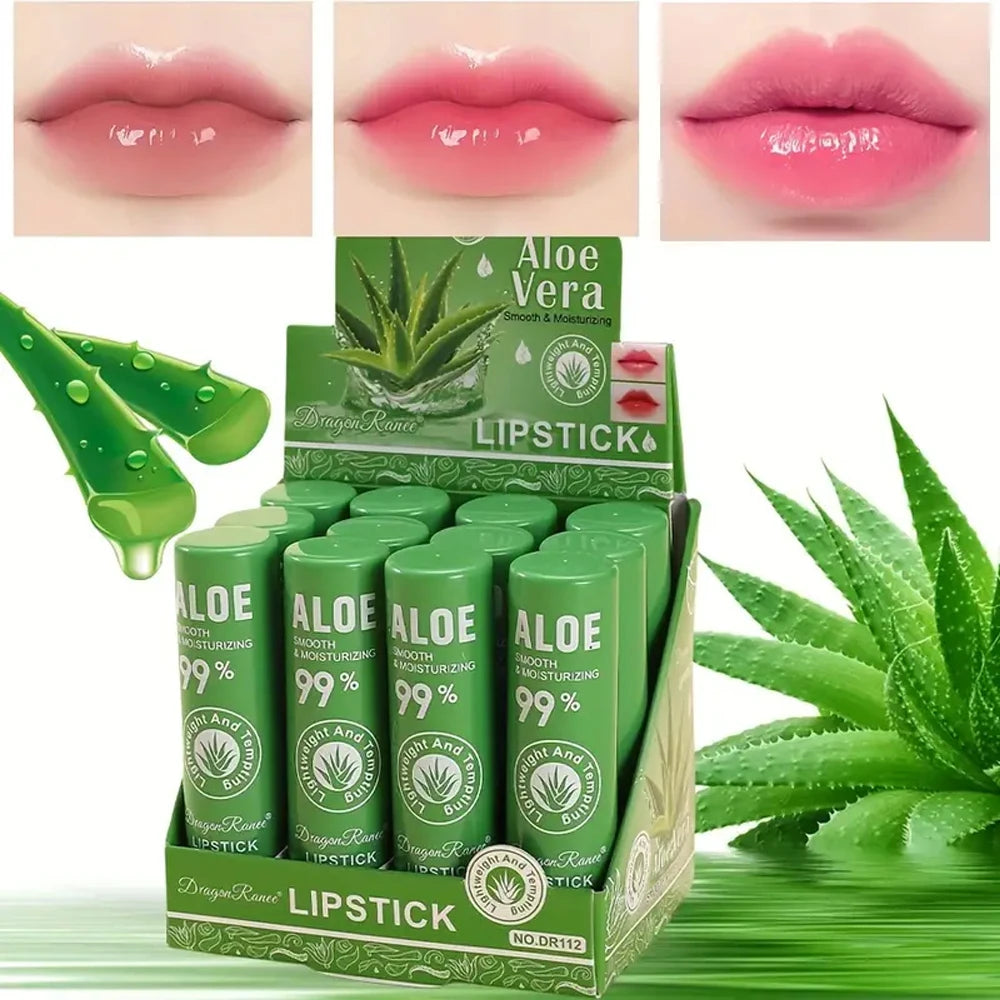 12-Piece Aloe Vera Lip Balm Set, Long-Lasting Moisturizing, Non-Stick, Waterproof, Color-Changing Jelly Lipstick Containing Plan