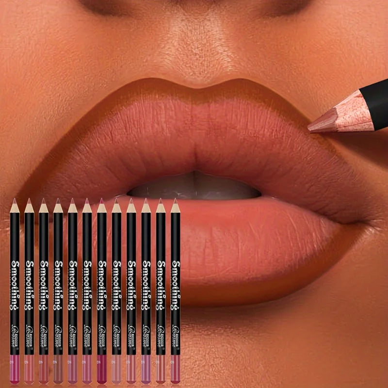 Smooth Lip Liner Set 12 Colors, Waterproof Longwear Matte Lip Contour Pen, Nude Brown Pink Daily Lip Makeup