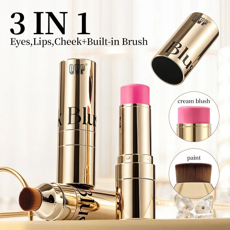3 In 1 Multi Functional Makeup Stick QVP Cream Blush Stick With Built-in Brush For Cheek Lips Eyes Natural Cream Blush Daily Bea