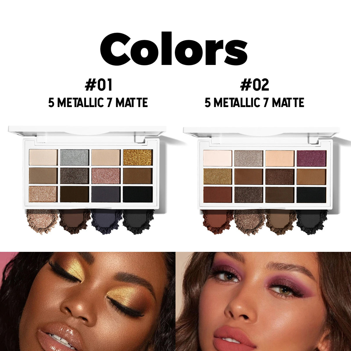 12-color eyeshadow palette, coffee brown & nude metallic tones, matte glitter & metallic finish, smoky makeup, party & stage