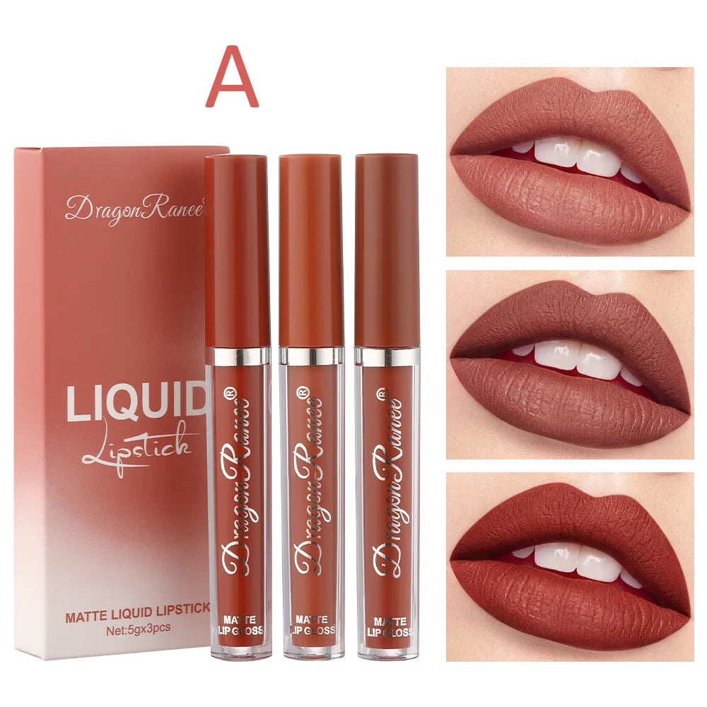 3PCS/Sets Velvet Matte Lip Gloss Lasting Waterproof Nude Sexy Red Liquid Lipstick Moisturizing Lip Stain Tint Cosmetic For Women