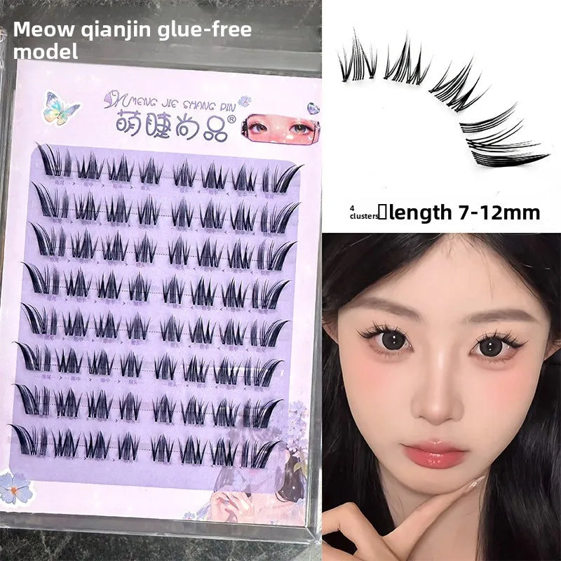 No Glue Self-Adhesive False Eyelashes - Dramatic Volume Natural Wispy Winged Fox Eye Manga Style Fluffy Cat Eye Lashes 7-12mm