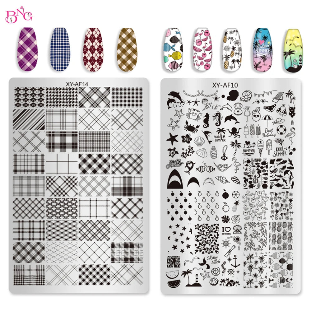 BNG Pretty Nail Stamping Plates Plaid Flowers Nail Art Image Plates Summer Stamp Templates Image Manicuring DIY Printing Tools