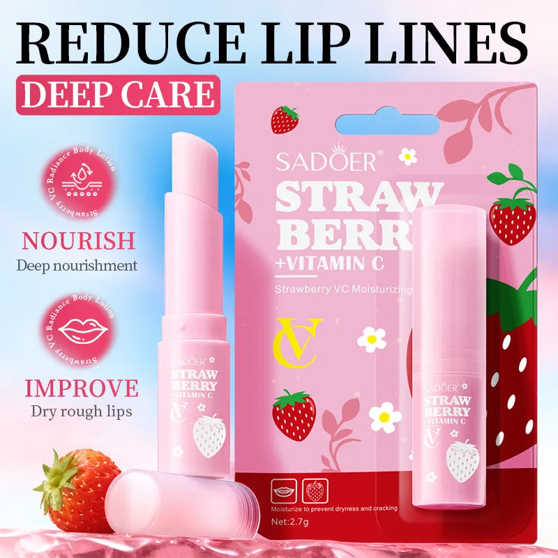 SADOER Strawberry Vitamin C Lip Balm Moisturizing Lipstick Reduce Lip Lines Prevent Dryness Cracking Nourish Lip Skin Care