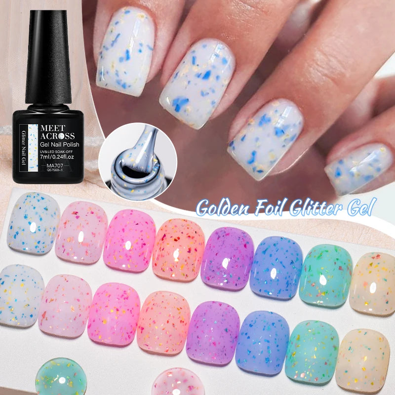 Gold Foil Glitter Gel Nail Polish Pink Gold Flakes Varnish Semi Permanent Unscented Soak Off UV LED Gel Varnish Nail Supplies