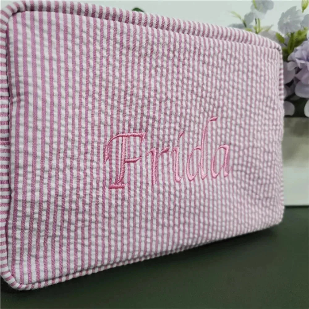 Personalized Seersucker Makeup Bag - Embroidered Name, Wash Bag, Wedding Bridesmaid Gift, Custom Toiletry Pouch