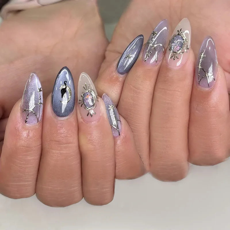 24pcs Diamond Love Design Nails Sets Press on Purple Short Almond False Nails Tips Wearable Rhinestone French Oval Fake Nail Art
