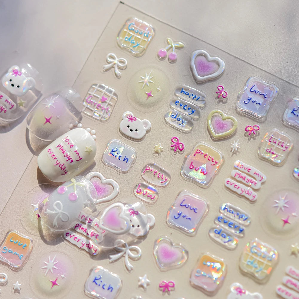 Sweet Puppy Dog Happy Day Cute Cherry Star Rich Pink Love Heart Pretty Bowknot 5D Nail Art Sticker Self Adhesive Manicure Decal
