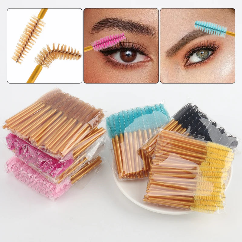 50Pcs Disposable Eyelash Makeup Brush Mascara Wands Gold Mini Eye Lash Brushes Short Eyebrow Comb Eyelashes Extension Tool
