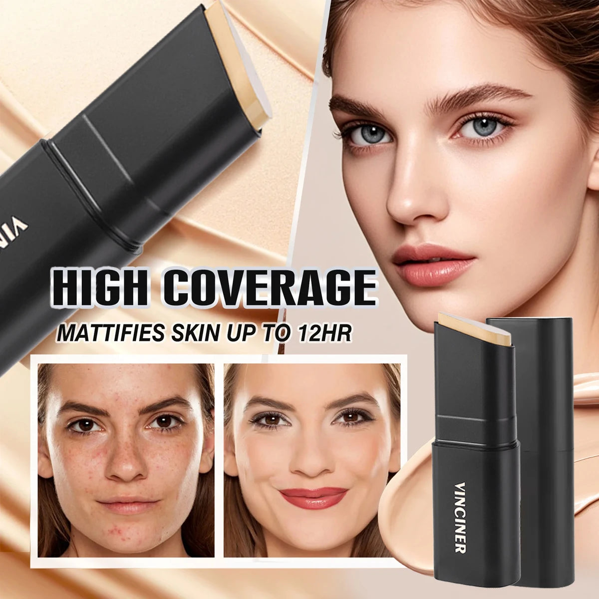 VINCINER Matte Stick Foundation Cream Long-Wear Waterproof Covers Dark Circles Full Coverage Concealer Stick For Base Makeup