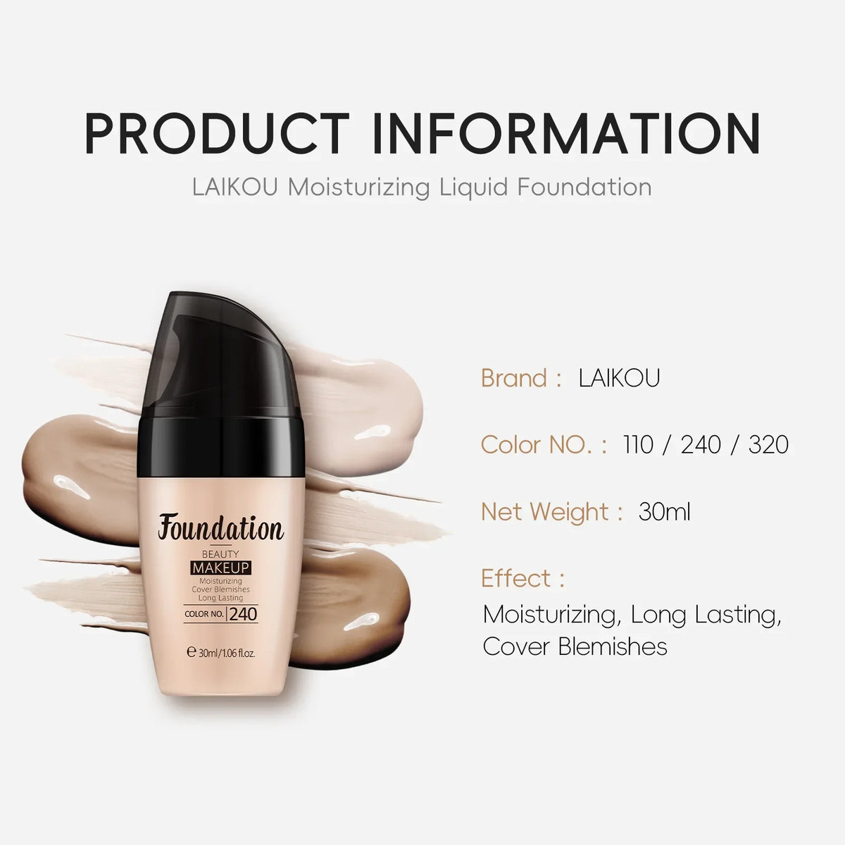 LAIKOU Liquid Foundation Moisturizing Long Lasting Full Coverage Concealer Waterproof Face Makeup 30ml