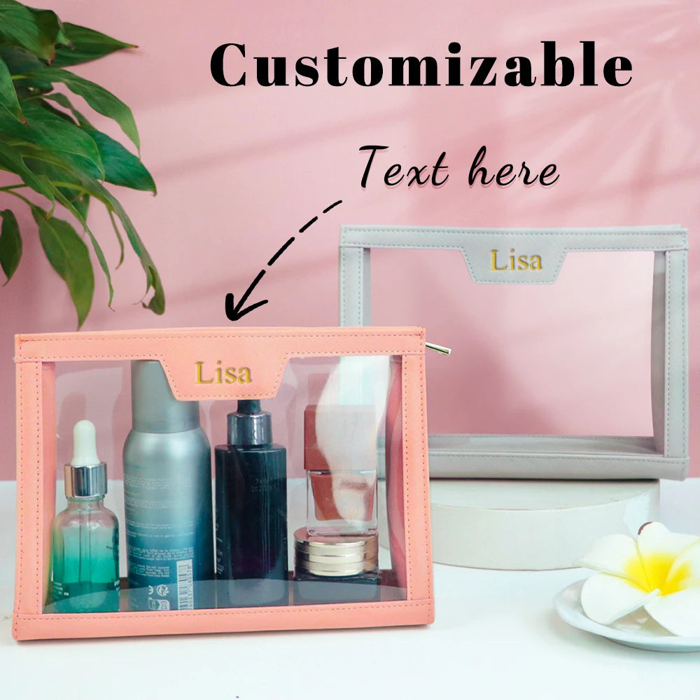 Customized name skin care storage bag, pvc spliced leather, travel large-capacity waterproof makeup bag, toiletry bag