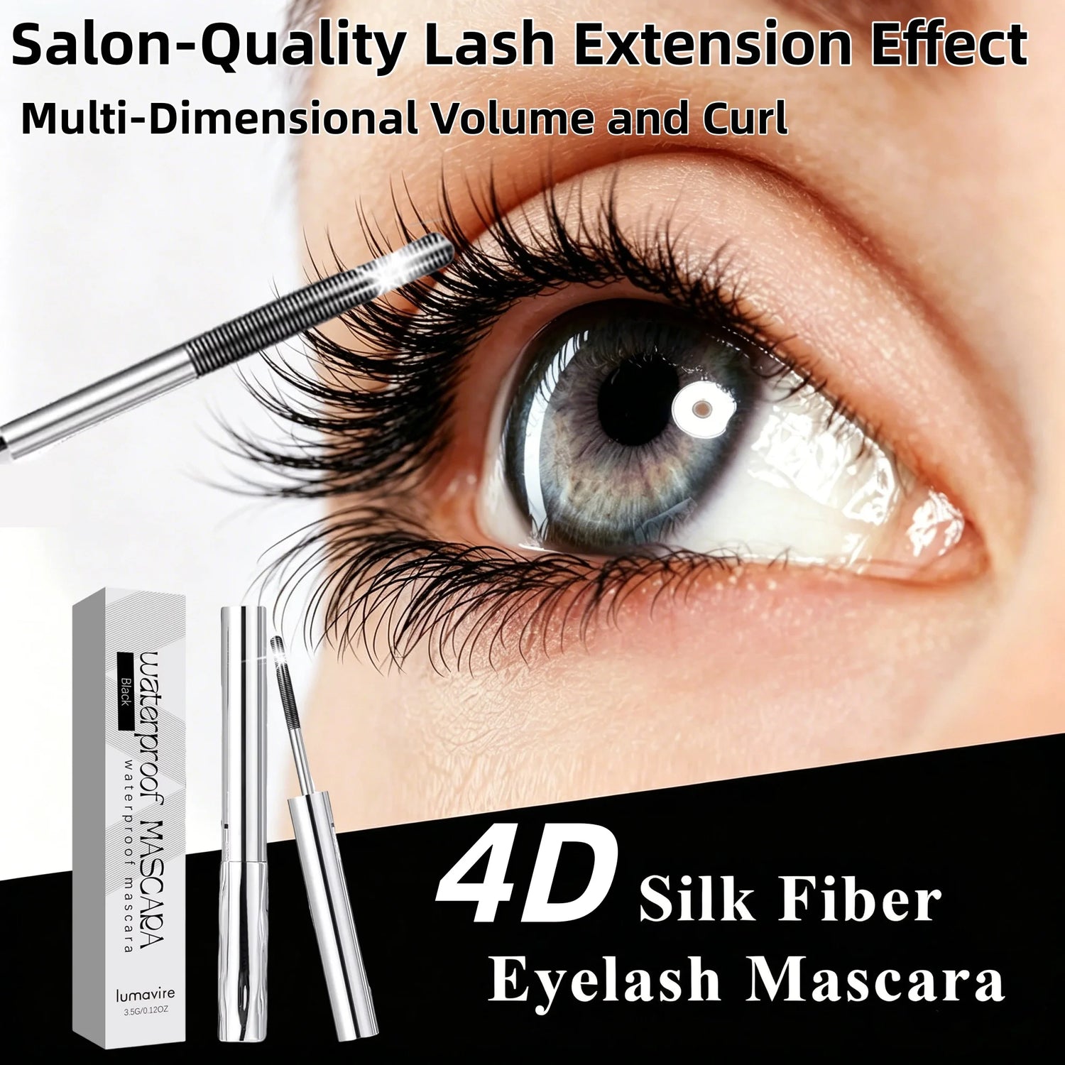 4D Silk Fiber Black Mascara Instant Anti-Gravity Curl Dramatic Volume Long-Lasting Clump-Free Extension  Safe For Sensitive Eyes
