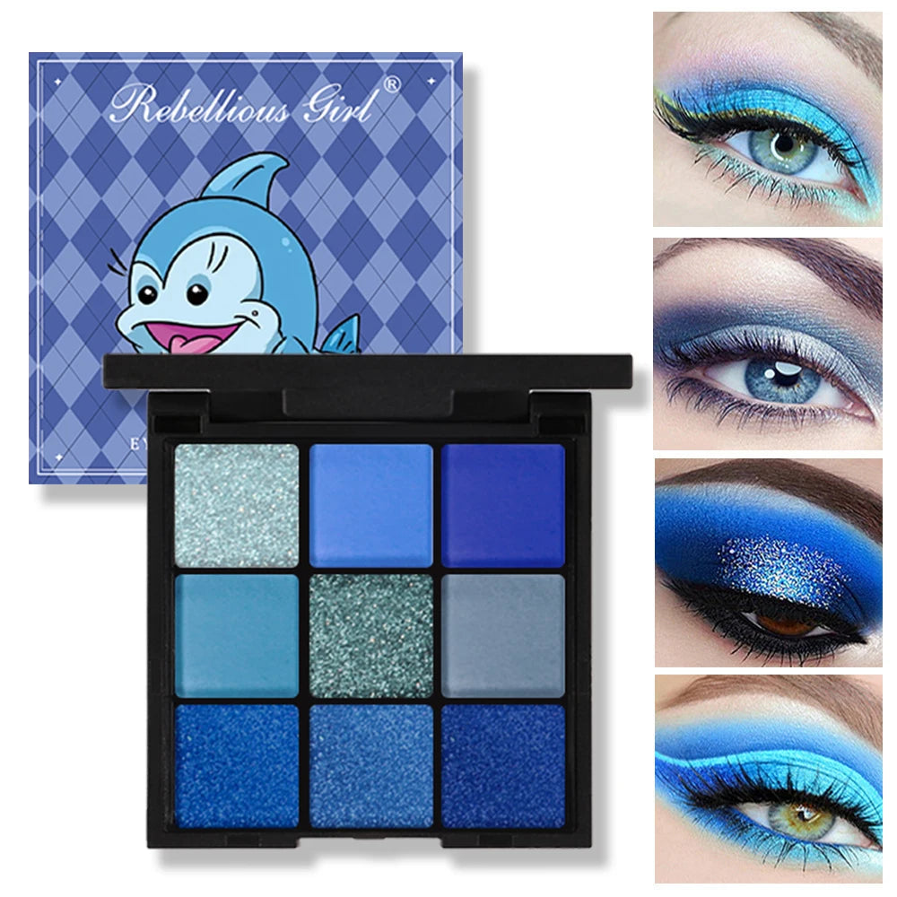 9 Color Eyeshadow Palette Blue Waterproof Sweatproof Blue Matte Pearl Glitter Finish Performance Stage Makeup Music Festival