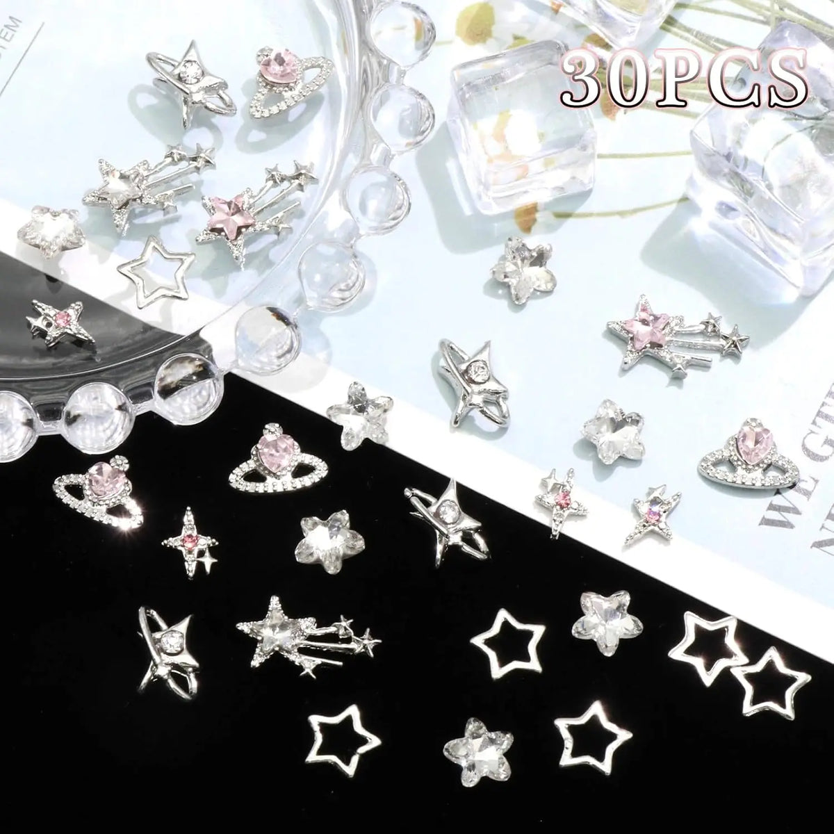 40PCS Star Nail Charms Silver 3D Star Charms Pink Nail Rhinestone Multi Style Nail Art Jewelry Dangle Stars Nail Decoration Y2K