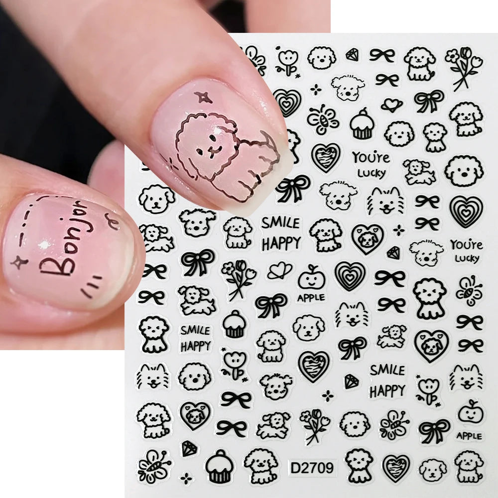 1Pc Curly Puppy Dog Cartoon Nail Stickers Black Cat Nail Decals Graffiti Animals Nail Art Tattoos Self-adhesive y2k Nail Decals