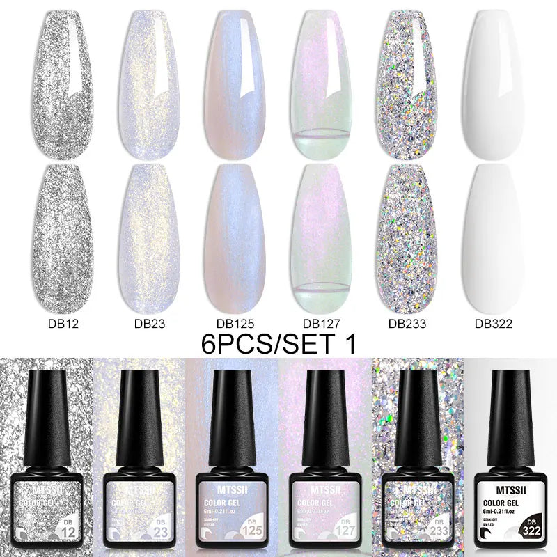 6PCS White Glitter Nail Polish Gel Set Popular Colors Autumn Semi Permanent Soak Off UV Nail Art Manicure Varnish Supplies Kit