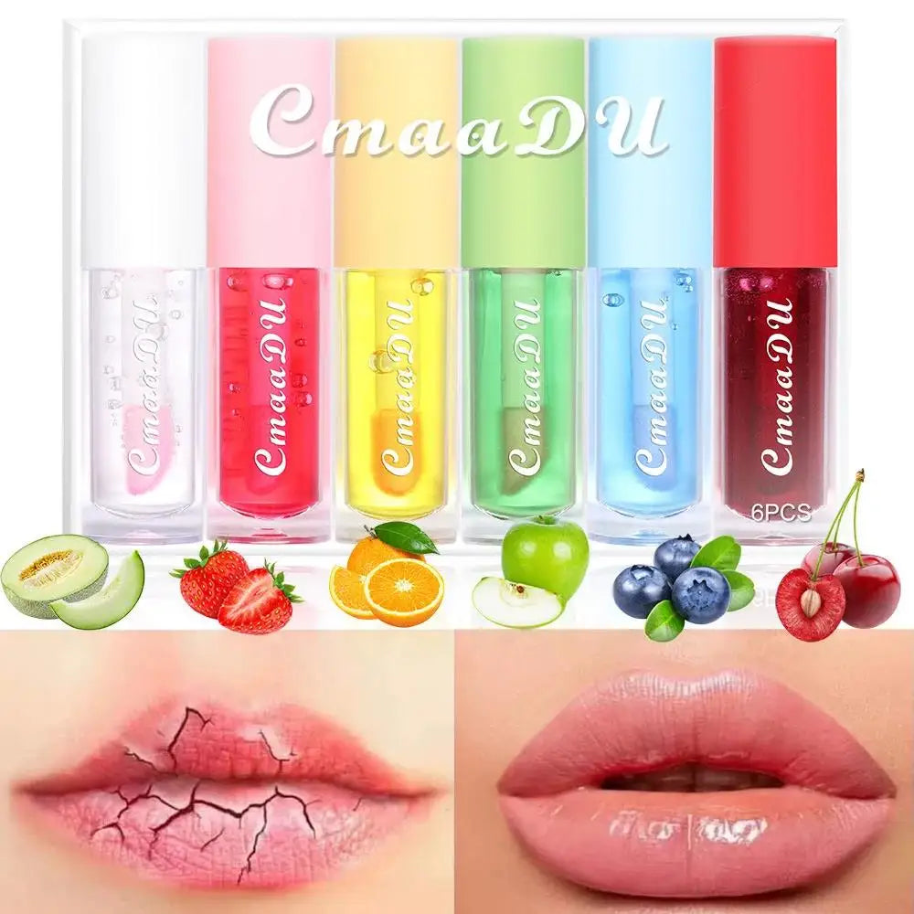 6pcs Fruit Flavor Lip Gloss Set Moisturizing Color Changing Lip Oil Nourishes Repair Lip Skin Glaze Makeup Kit﻿