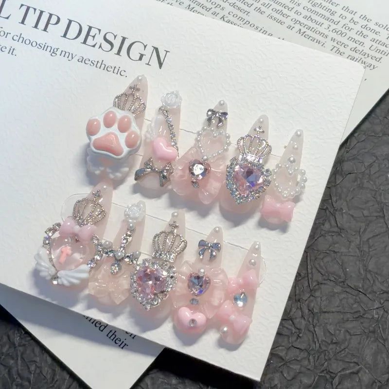 10PCS Cute Jirai Kei Short Almond Handmade Press on Nails WhitePink 3D Bow Cat Claw Y2K Fake Nails Wings Crown Glitter Nail Art