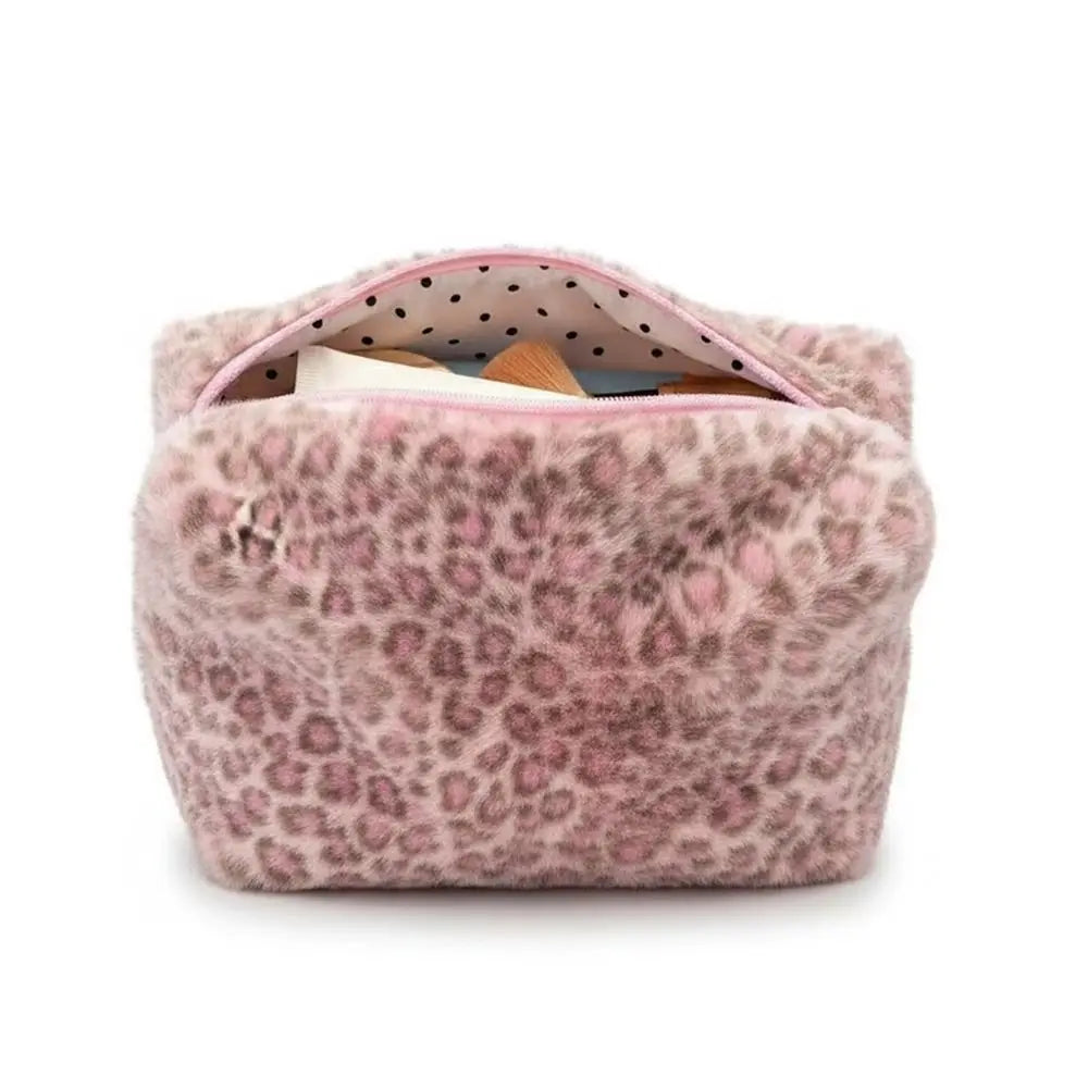 High Quality Fuzzy Makeup Bag Large Capacity Portable Cosmetic Bag Leopard Print Toiletry Organizer Girls