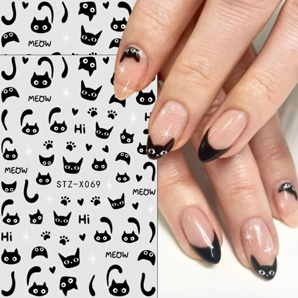 2 pcs 3D Kawaii Black Cat Stickers for Nails Lovely Graffiti Cat Self-Adhesive Nail Sliders Halloween Cat Tail Nail Art Decor
