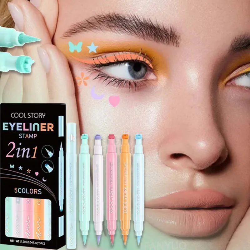 5Pc/Set Colorful Double-headed Eyeliner Stamp Pen Waterproof Quick Drying Liquid Eyeliner Butterfly Love Star Pattern Eye Makeup