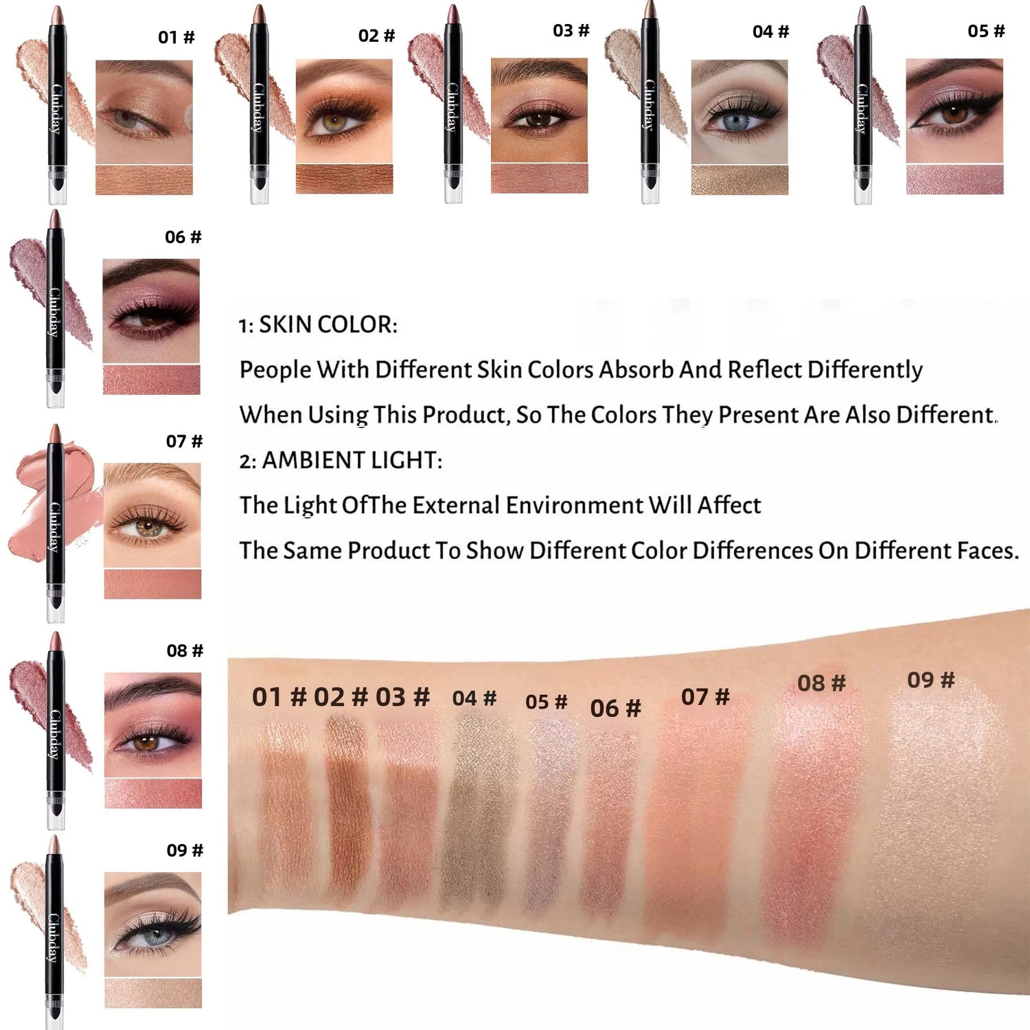 6-Piece 9-Color Eye Shadow Stick Set with 8-Color Pearlescent And 1-Matte Sleeping Silkworm Contour Highlight Eyeshadow Sticks