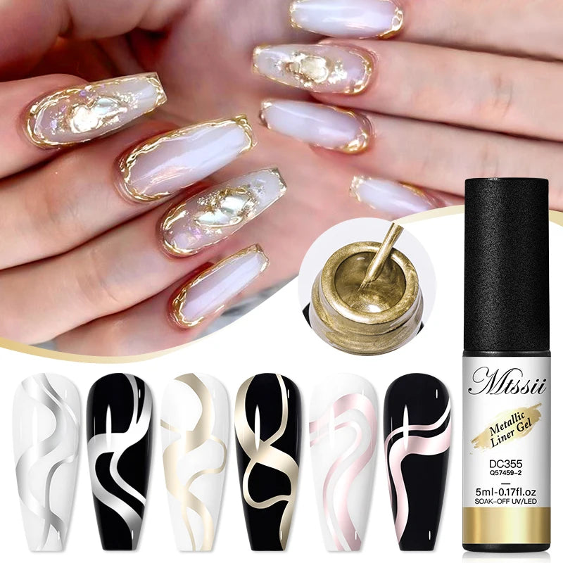 Mtssii 5ml Metallic Liner Painting Gel Nail Polish Chrome Rose Gold Silver Super Bright Mirror Effect Drawing Gel Nail Varnish
