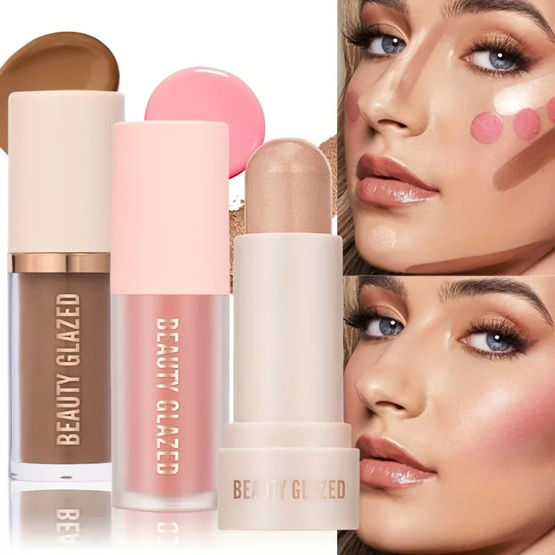 3pcs Face Highly Pigmented Liquid Contour Makeup Set,Long Lasting Natural Contour Contouring Bronzer (Contour+Blush+Highlighter)