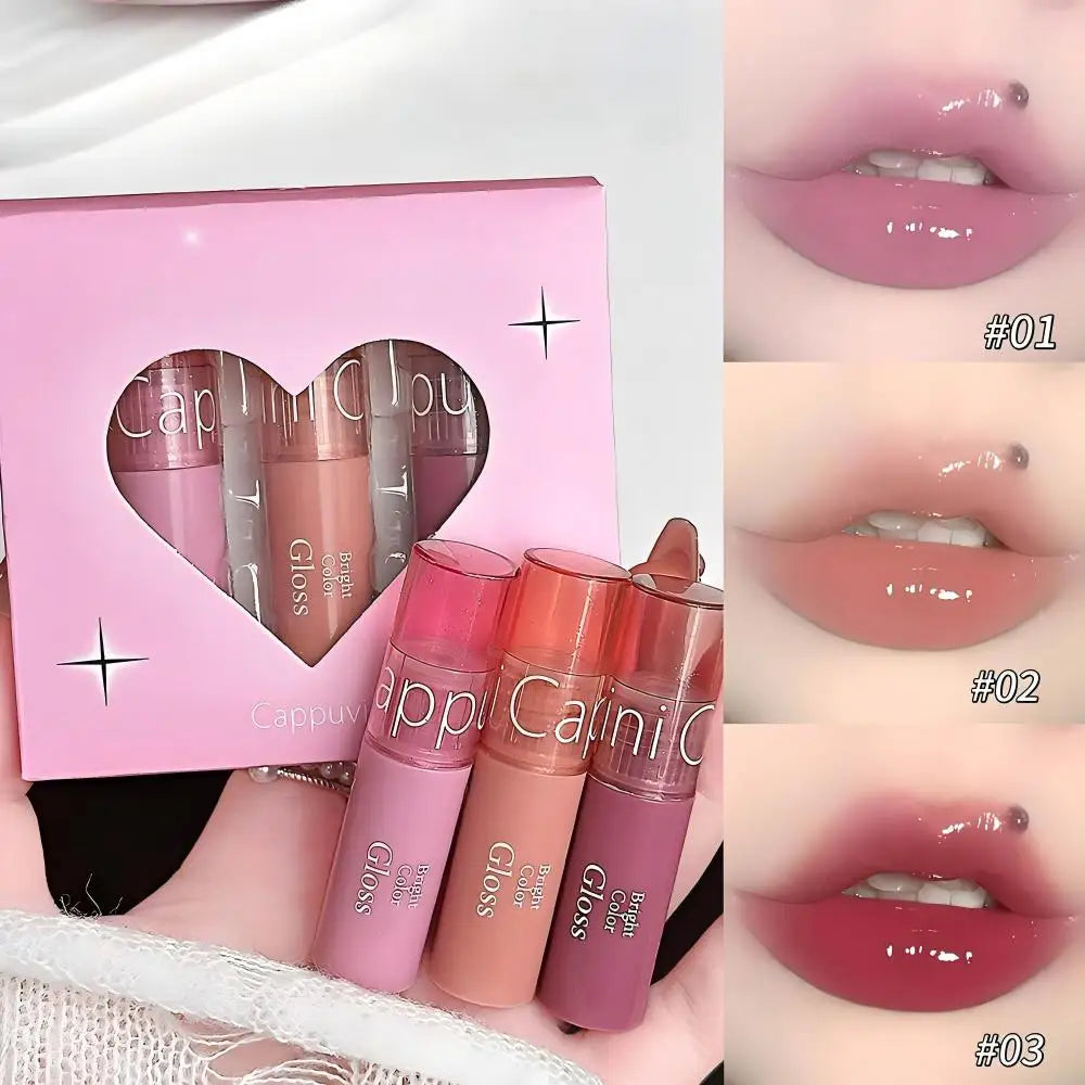 3PCS Water Light Lip Gloss Set Silky Smooth Moisturizing Long-Lasting Easy to Apply lip Glaze Valentine's Day Lipstick