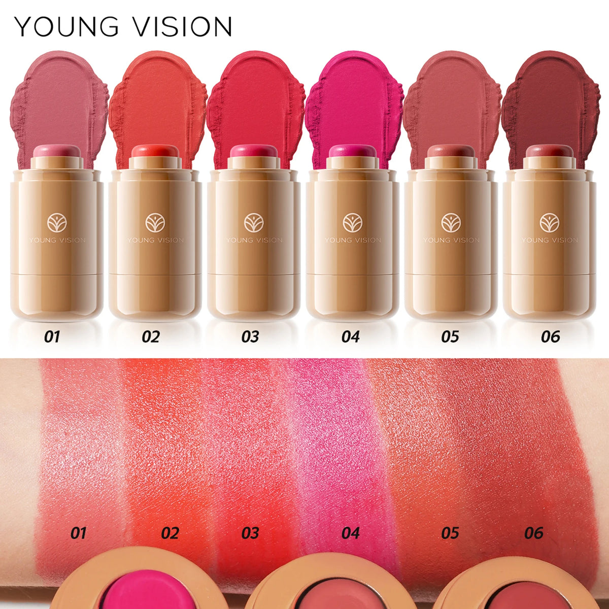 6-Color Pocket Blush with Matte Finish, Natural-Looking, Waterproof Lip and Cheek Dual-Use Creamy Texture Blush Stick
