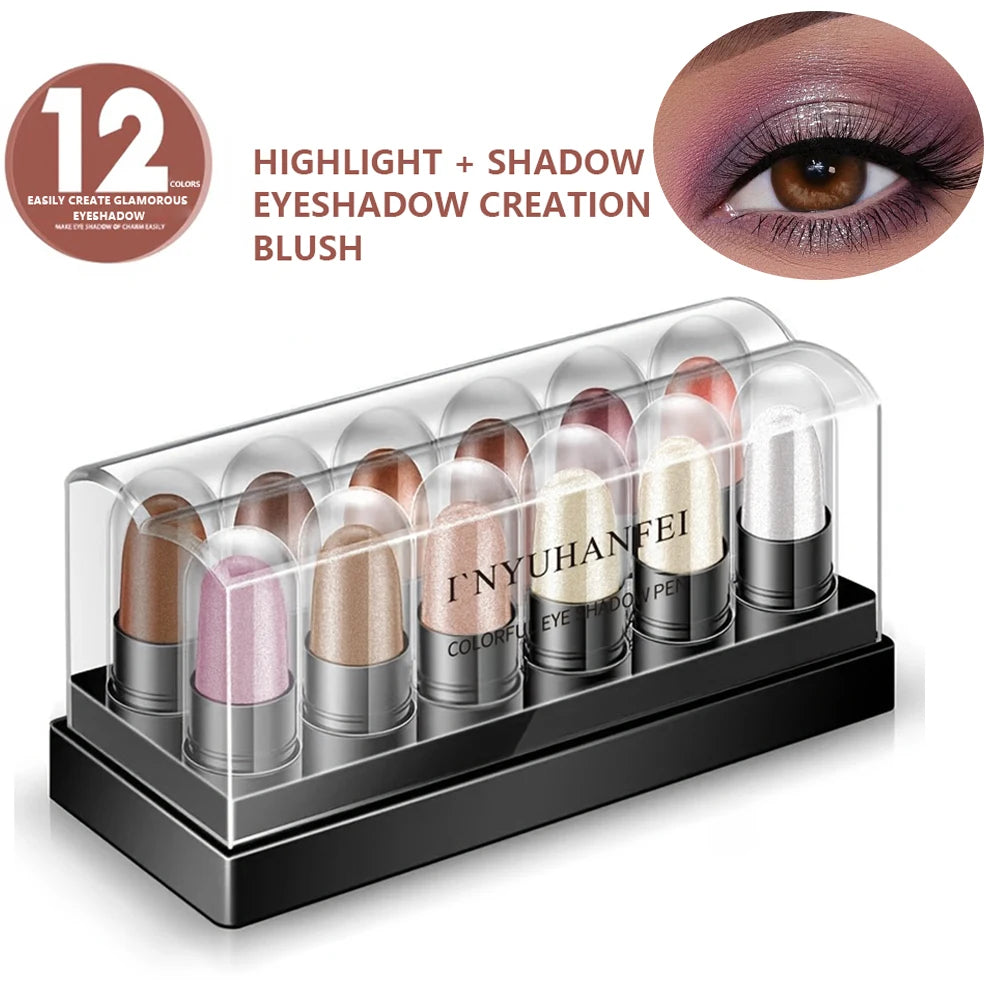 12 Colors/Set Glitter Gradient Eyeshadow Stick Pen Makeup Set Waterproof Shimmer Pink Eyeshadow Sticks Highlighter & Controuring