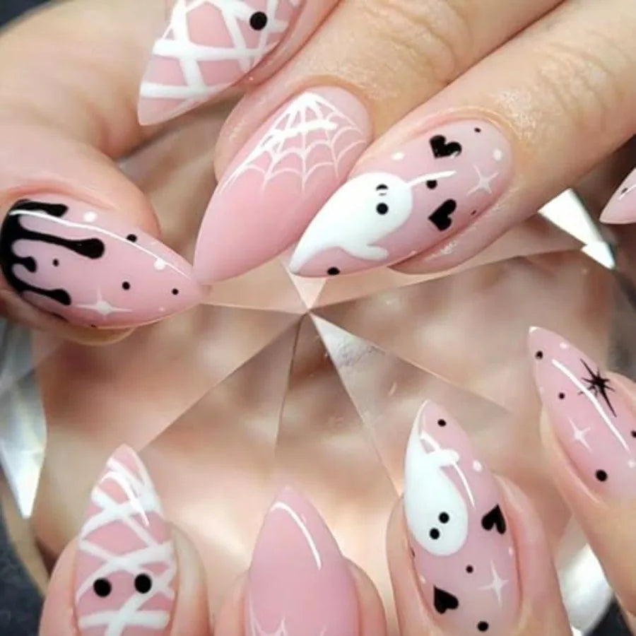 24Pcs Halloween Press on Nails Medium Almond Fake Nails with White Spider Web Mummy Heart Design Cute Ghost False Nails Nude Fu