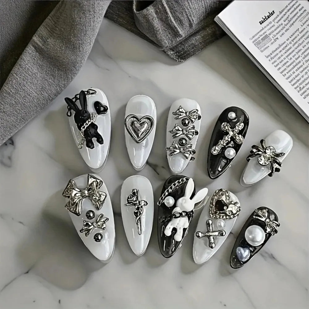 10pcs personalized black and white nail art, rabbit and bow decoration - Gothic minimalist style, suitable for daily wear