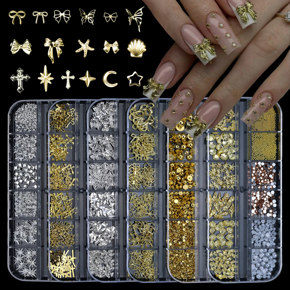 12 Grid Gold Ocean Rivet Nail Jewelry 3D Mixed Metal Moon Star Sun Bead Rivet Nail Art Rhinestone Nail Jewelry Rivet Decoration