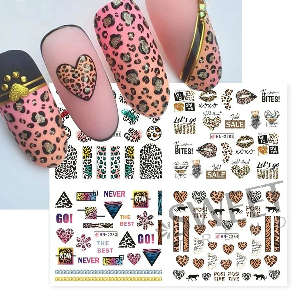 12pcs Leopard Print Nail Water Sticker Charm Wild Animal Pattern Geometry New Year Manicure Accessories Tattoo Nail Art Sliders