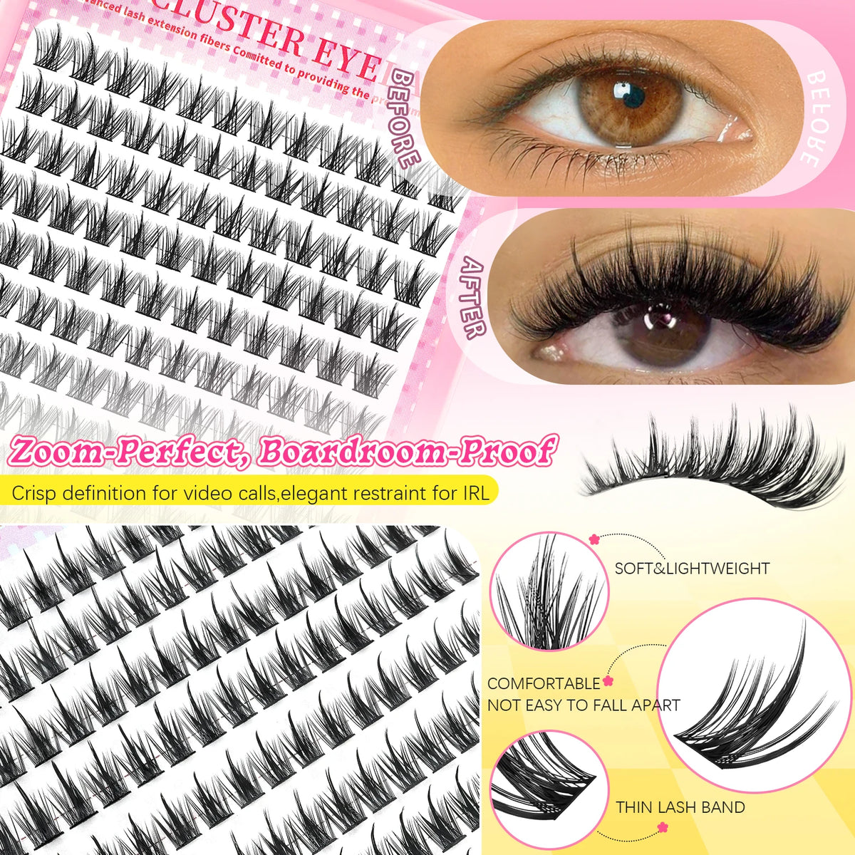 672PCS Mixed DIY Cluster Lash Kit Manga Wispy Individual Lashes Clusters With Bond Seal Tweezers Natural Soft Segmented False