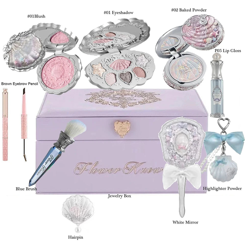 Flowerknows Shell Jewelry Gift Set Makeup Kit Full Professional Lip Gloss Highlighter Blush Baked Powder 10pcs Kits